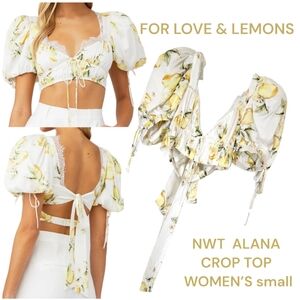 For love of lemons, Alana crop top citron fruit print puff sleeves tie back S